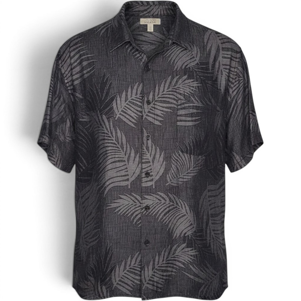 Tasso Elba Mens Tropical Button Down Silk Linen Palm Leaf Print Grey Black XXL